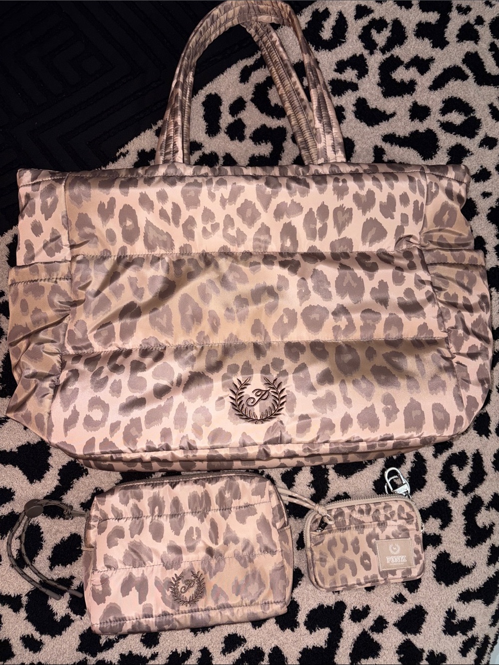 PINK Victoria's Secret Blush Leopard Quilted Tote with Matching Pouches